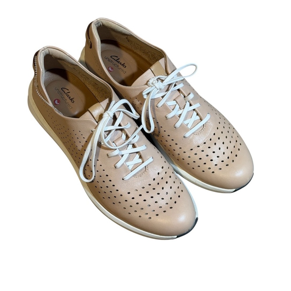 Clarks Un Rio Lace Sneakers Women 9 Tan Leather Perforated Comfort Walking Shoes